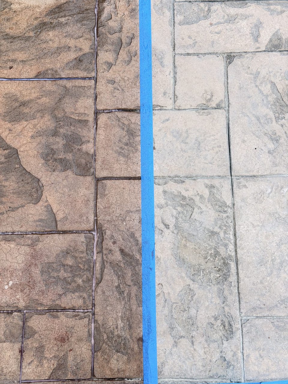 Stamped concrete half coated in a rich warm brown beside the faded untreated half