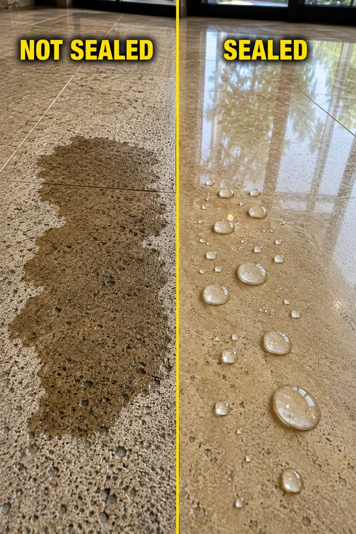 Side-by-side stone floor: the unsealed side soaks up a dark stain while water beads up on the sealed side