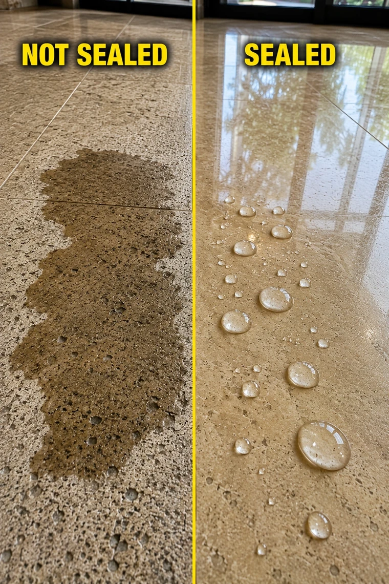Water spilled on unsealed stone soaks straight in, while the same water beads on top of the sealed half of the floor