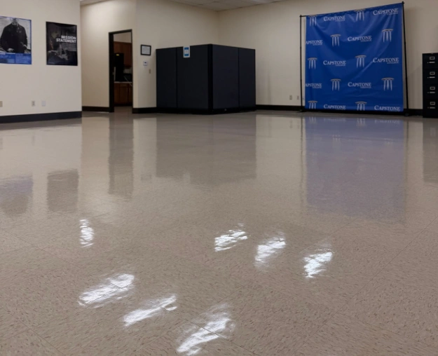 Glossy commercial floor after cleaning and polishing
