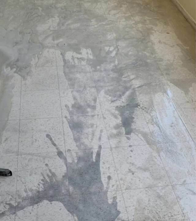 The same commercial VCT floor before cleaning and sealing